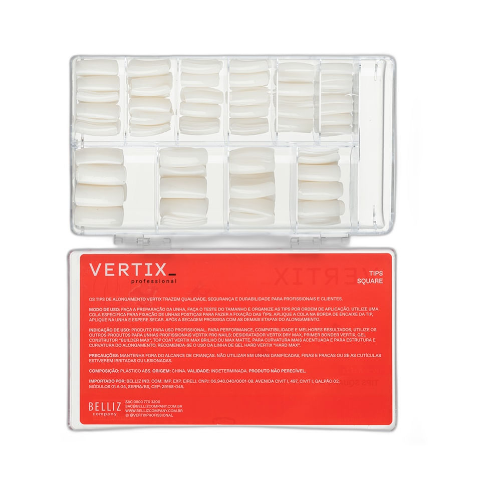 Caixa aberta mostrando unhas postiças Vertix Tips Square organizadas